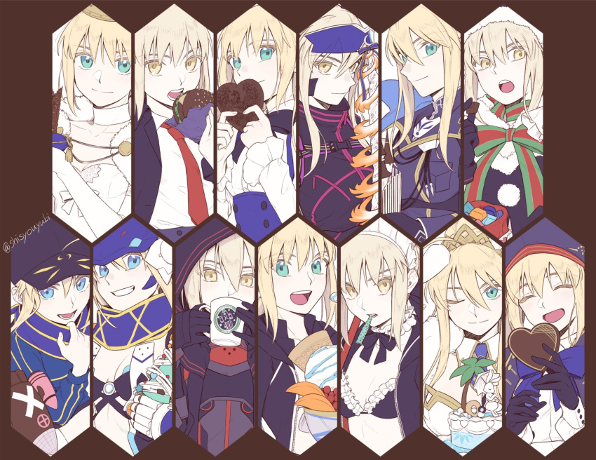 6+girls ahoge artoria_pendragon_(all) artoria_pendragon_(alter_swimsuit_rider)_(fate) artoria_pendragon_(caster)_(fate) artoria_pendragon_(lancer)_(fate) artoria_pendragon_(lancer_alter)_(fate) artoria_pendragon_(swimsuit_archer)_(fate) artoria_pendragon_(swimsuit_ruler)_(fate) baseball_cap blonde_hair bow cake candy chocolate chocolate_heart fate/grand_order fate_(series) food green_eyes hamburger hat heart heroic_spirit_festival_outfit heroic_spirit_formal_dress heroic_spirit_traveling_outfit highres hood ice_cream maid_headdress mouth_hold multiple_girls mysterious_heroine_x_(alter)_(fate) mysterious_heroine_x_(fate) mysterious_heroine_xx_(fate) necktie portrait saber saber_alter saber_lily santa_alter scarf shayubi smile tiara under_the_same_sky valentine yellow_eyes