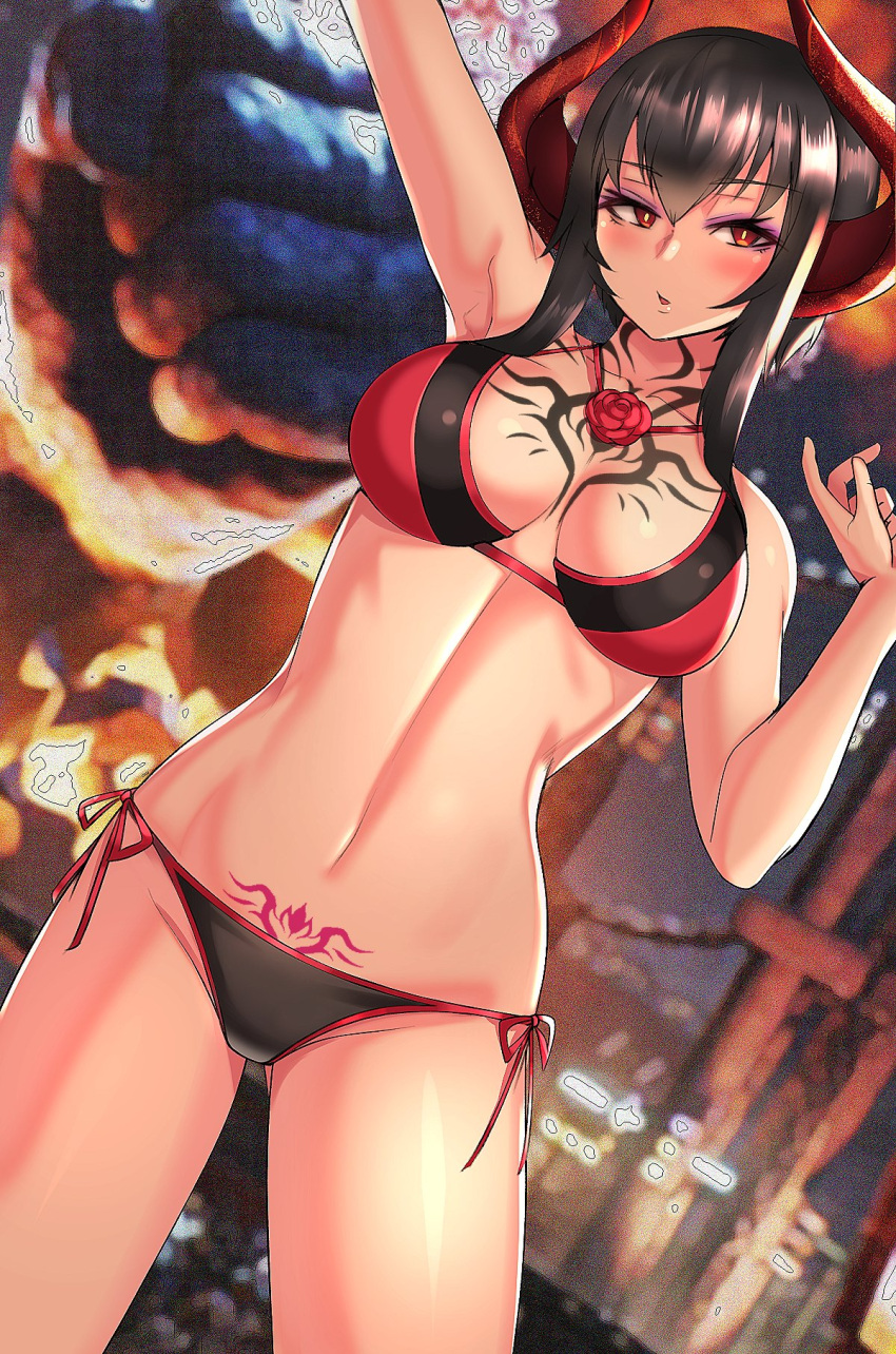 1girl arm_up bangs bikini black_bikini black_hair blurry blurry_background breasts chest_tattoo clyde_s commentary demon_girl demon_horns depth_of_field dutch_angle eliza_(tekken) english_commentary eyebrows_visible_through_hair eyeliner half-closed_eyes highres horns jewelry large_breasts looking_at_viewer makeup mismatched_bikini namco navel necklace parted_lips pubic_tattoo red_bikini red_eyes red_horns short_hair_with_long_locks sidelocks solo standing swimsuit tattoo tekken