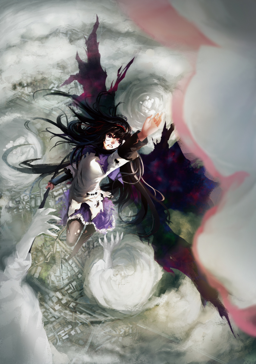 1girl absurdres akemi_homura black_hair black_legwear black_wings blackrabbitsoul blood blood_from_mouth bloody_hands blurry building capelet chinese_commentary city cityscape clenched_teeth commentary_request cuts day depth_of_field dress dust_cloud floating_hair flying from_above goddess_madoka hair_ribbon highres injury long_hair long_sleeves looking_afar looking_at_another looking_up mahou_shoujo_madoka_magica outdoors outstretched_hand pantyhose purple_capelet purple_skirt reaching red_ribbon ribbon shirt sidelighting skirt solo_focus teeth torn_clothes torn_legwear torn_shirt violet_eyes white_dress white_shirt wide-eyed wings wraith_(madoka_magica)