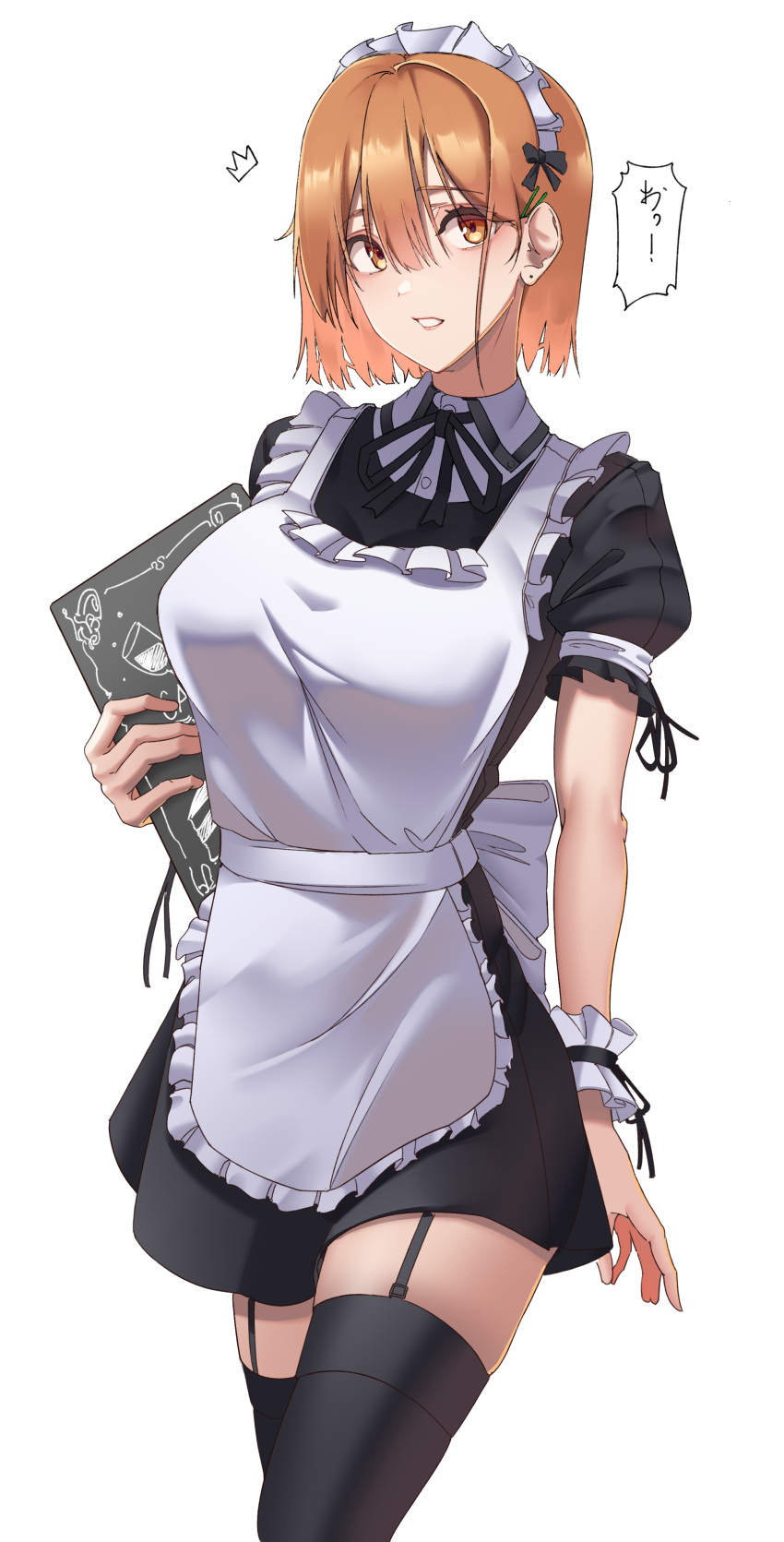 1girl absurdres apron black_bow black_legwear black_ribbon blush bow breasts ear_piercing eyebrows_visible_through_hair hair_bow hair_ribbon harris_hero headband highres holding holding_menu lips looking_at_viewer maid maid_apron maid_headdress medium_breasts medium_hair menu neck_ribbon orange_eyes orange_hair original piercing ribbon solo standing thigh-highs translation_request white_apron white_background