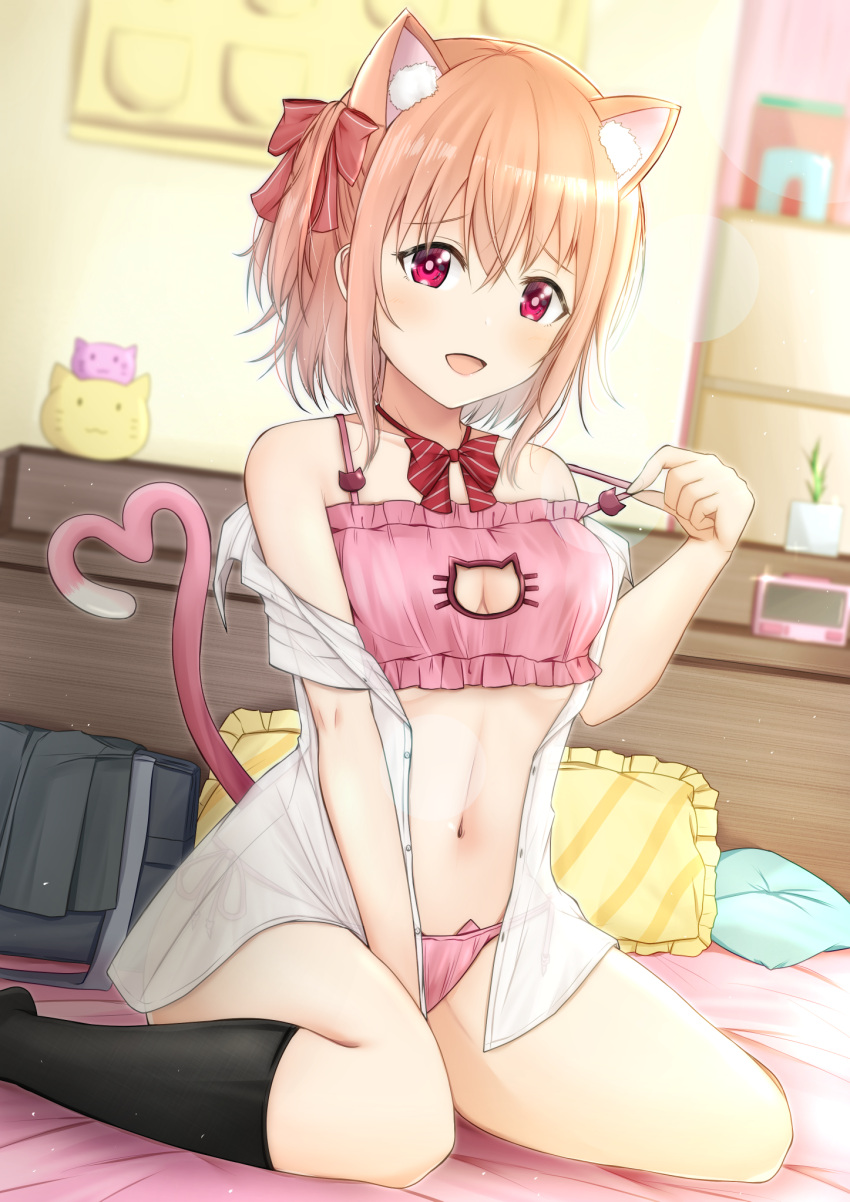 1girl animal_ears bag bed bed_sheet black_legwear blonde_hair blush bow bow_choker cat_day cat_ears cat_lingerie hair_bow hair_ornament heart heart_tail highres indoors kamesys looking_at_viewer meme_attire moe2021 navel open_clothes open_mouth open_shirt original panties pillow pink_panties pull red_bow red_eyes seiza shirt shirt_lift sitting smile solo tail thigh-highs underwear