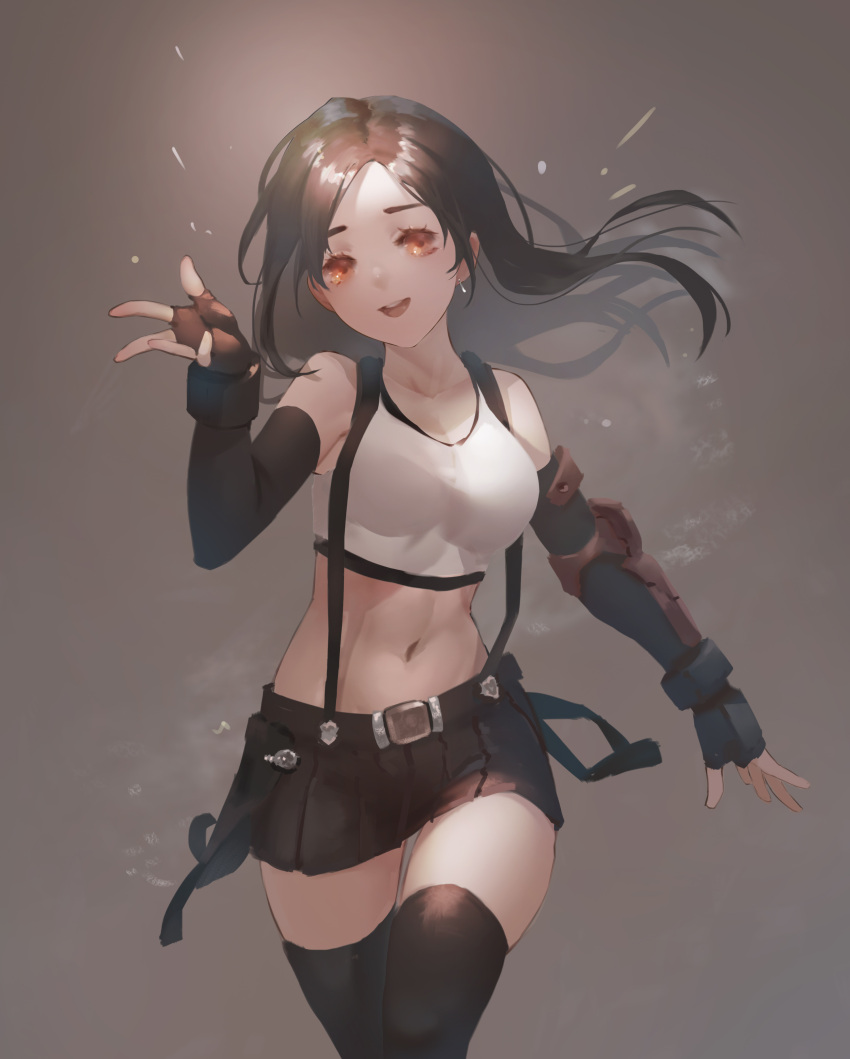 1girl :d absurdres arm_guards bangs bare_shoulders black_legwear black_skirt breasts brown_hair cowboy_shot crop_top earrings elbow_pads final_fantasy final_fantasy_vii fingerless_gloves gloves hand_up highres jewelry looking_at_viewer midriff miniskirt navel open_mouth orange_eyes parted_bangs peace_(kgrv5733) pleated_skirt skirt sleeveless smile solo standing suspender_skirt suspenders tank_top thigh-highs tifa_lockhart zettai_ryouiki