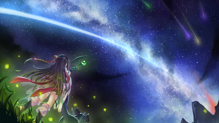1girl back_bow bow braid crowned_by_the_world_chalice detached_sleeves duel_monster fireflies from_behind grass hair_ornament highres holding holding_staff kneehighs long_hair night night_sky outdoors purple_hair sandals scenery shooting_star shun_no_shun sky staff standing star_(sky) starry_sky world_chalice_guardragon yu-gi-oh!