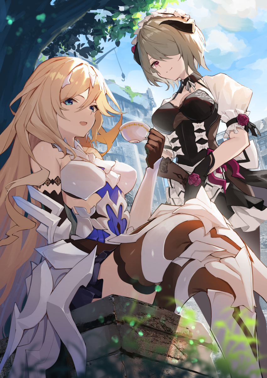 2girls armor armored_boots asymmetrical_gloves bangs bare_shoulders bianka_durandal_ataegina bianka_durandal_ataegina_(bright_knight:_excelsis) black_dress black_gloves black_legwear blonde_hair blue_eyes boots breasts closed_mouth clouds crossed_legs cup dress flower gloves hair_over_one_eye highres holding holding_cup honkai_(series) honkai_impact_3rd horns light_brown_hair long_hair looking_at_viewer looking_down maid maid_headdress medium_breasts multiple_girls one_eye_covered open_mouth outdoors pantyhose puffy_short_sleeves puffy_sleeves rita_rossweisse rita_rossweisse_(umbral_rose) rose shade short_hair short_sleeves sitting smile standing teacup thigh-highs tree under_tree violet_eyes yuuuuu