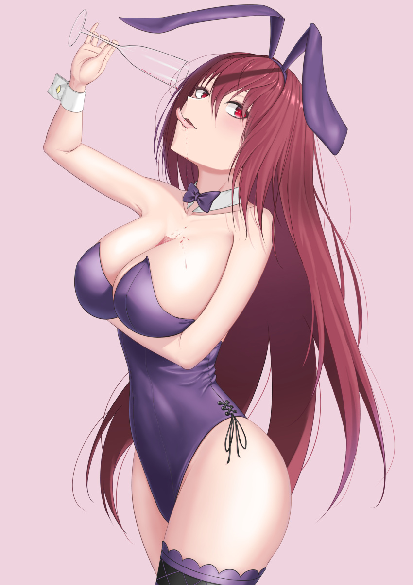 1girl absurdres animal_ears breasts cup drinking_glass fate/grand_order fate_(series) highres nmi playboy_bunny rabbit_ears red_eyes redhead scathach_(fate) scathach_(fate)_(all) simple_background thighs tongue tongue_out