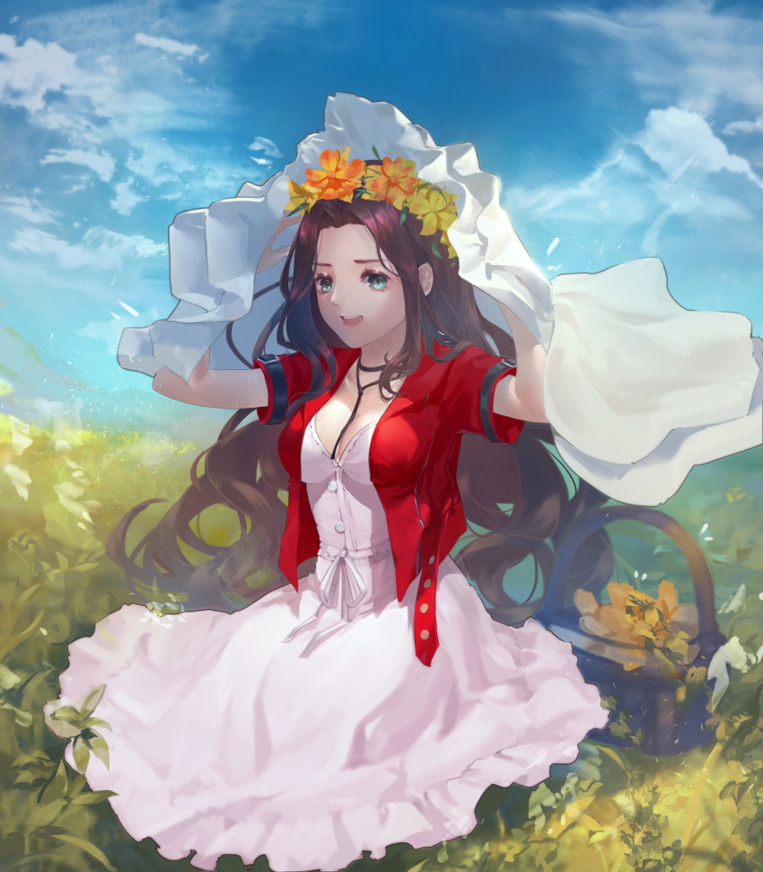 1girl :d absurdres aerith_gainsborough aqua_eyes arms_up basket blue_sky breasts brown_hair crop_top day dress field final_fantasy final_fantasy_vii flower flower_basket hair_intakes head_wreath highres jacket long_hair looking_at_viewer on_ground open_clothes open_jacket open_mouth outdoors peace_(kgrv5733) red_jacket short_sleeves sitting sky smile veil veil_lift white_dress