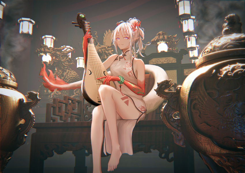 :3 absurdres arknights bracelet china_dress chinese_clothes dragon dress feet fuann highres holding holding_instrument instrument jewelry looking_at_viewer nian_(arknights) nian_(unfettered_freedom)_(arknights) pointy_ears ponytail sitting solo tail violet_eyes white_hair