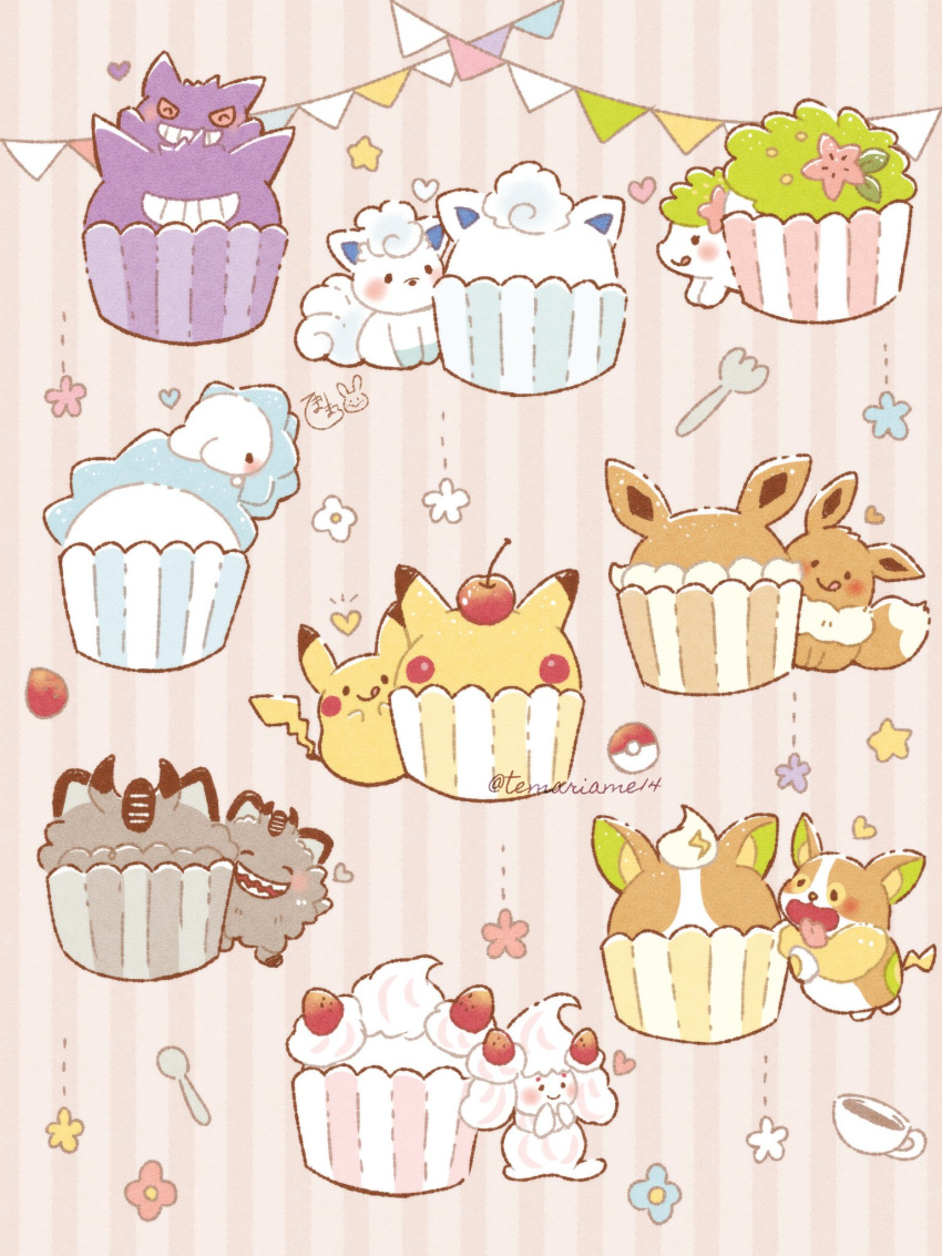 :q alcremie alcremie_(strawberry_sweet) alolan_form alolan_vulpix blush closed_eyes closed_mouth commentary_request cup cupcake eevee food fork galarian_form galarian_meowth gen_1_pokemon gen_4_pokemon gen_7_pokemon gen_8_pokemon gengar grin heart highres mythical_pokemon no_humans open_mouth pikachu poke_ball_symbol pokemon pokemon_(creature) shaymin shaymin_(land) smile snom spoon star_(symbol) teacup teeth temariame14 tongue tongue_out yamper