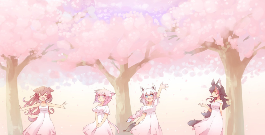 4girls ahoge animal_ears black_hair braid brown_hair cat_ears cat_tail cherry_blossoms dog_ears dog_tail dress fox_ears fox_tail highres hololive hololive_gamers inugami_korone long_hair multiple_girls nekomata_okayu ookami_mio petals purple_hair shirakami_fubuki smile souffle_sable spring_(season) tail white_dress white_hair wolf_ears