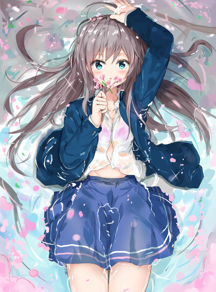 1girl absurdres aqua_eyes arm_up bangs blue_jacket blue_skirt blush bra brown_hair cherry_blossoms eyebrows_visible_through_hair flower from_above highres holding holding_flower jacket long_hair long_sleeves looking_at_viewer lying midriff_peek na_kyo navel on_back open_clothes open_jacket open_mouth original partially_submerged petals pink_bra pleated_skirt ripples school_uniform shirt skirt solo sparkle underwear water wet wet_clothes wet_shirt white_shirt