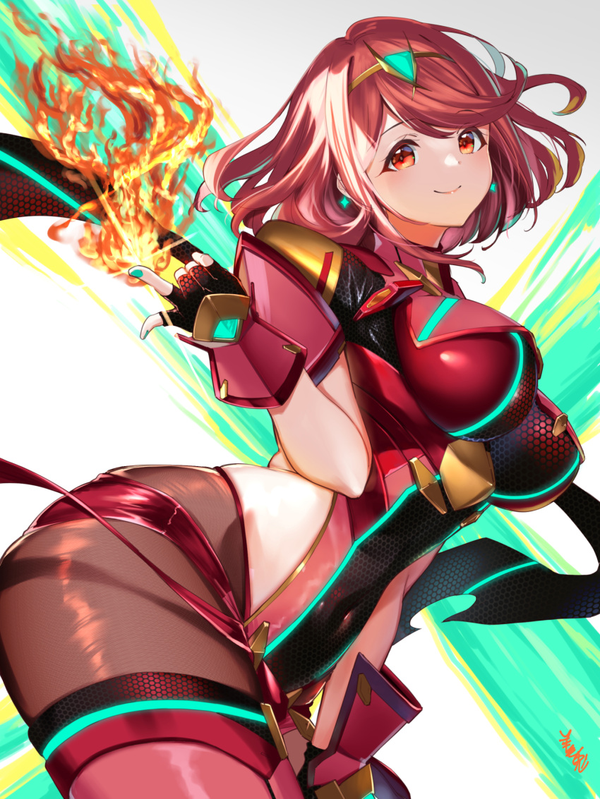 1girl black_gloves breasts earrings fingerless_gloves gloves highres jewelry large_breasts leggings pyra_(xenoblade) red_eyes red_legwear red_shorts redhead short_hair short_shorts shorts solo super_smash_bros. thigh-highs tiara xenoblade_chronicles_(series) xenoblade_chronicles_2 youmou_usagi