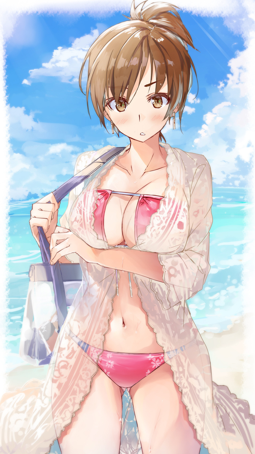 1girl ass_visible_through_thighs bag beach bikini breasts brown_eyes brown_hair clouds cloudy_sky daidou_(demitasse) earrings highres jewelry large_breasts looking_at_viewer meiko navel ocean outdoors ponytail red_bikini short_hair sky solo standing summer swimsuit vocaloid