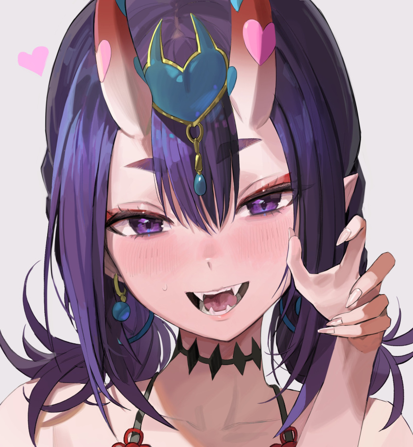 1girl absurdres black_choker blush choker collarbone earrings eyebrows_visible_through_hair eyelashes fangs fate/grand_order fate_(series) fingernails forehead_jewel freng grey_background hair_between_eyes heart highres horns jewelry lips looking_at_viewer medium_hair oni_horns open_mouth portrait purple_hair sharp_fingernails shuten_douji_(fate) shuten_douji_(halloween_caster)_(fate) simple_background smile solo sweatdrop thick_eyebrows violet_eyes