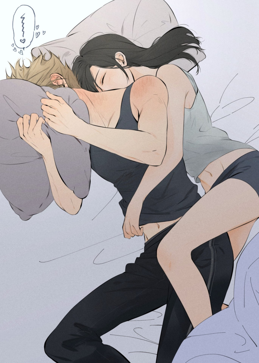 1boy 1girl bangs bare_shoulders bed_sheet black_hair black_pants black_shorts blonde_hair blush closed_eyes cloud_strife couple covering_face embarrassed final_fantasy final_fantasy_vii from_above grey_shirt heart hetero highres holding holding_pillow hug hug_from_behind khaw_(cloudstdontcare) long_hair lying midriff navel on_side pants pillow shirt short_hair shorts shoulder_blush sleeping sleeveless sleeveless_shirt spiky_hair symbol_commentary tank_top tifa_lockhart