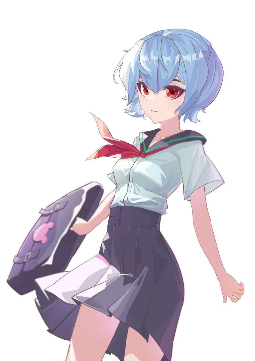 1girl absurdres alternate_costume bag bangs black_skirt blue_hair breasts closed_mouth eyebrows_behind_hair feet_out_of_frame hair_between_eyes highres holding holding_bag light_smile looking_at_viewer neckerchief no_hat no_headwear pleated_skirt red_eyes red_neckwear remilia_scarlet s2535151 sailor_collar sailor_shirt school_uniform shirt short_hair short_sleeves simple_background skirt small_breasts solo standing touhou white_background white_shirt