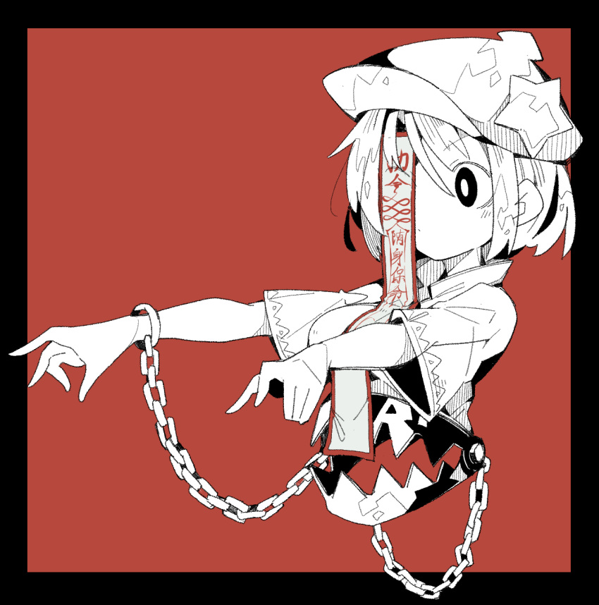 1girl black_border black_eyes border breasts chain cropped_torso cuffs foothold_trap hat hat_ornament highres jiangshi ma_sakasama medium_breasts miyako_yoshika monochrome outstretched_arms red_background shackles shirt short_hair short_sleeves solo star_(symbol) star_hat_ornament talisman touhou upper_body white_legwear zombie_pose