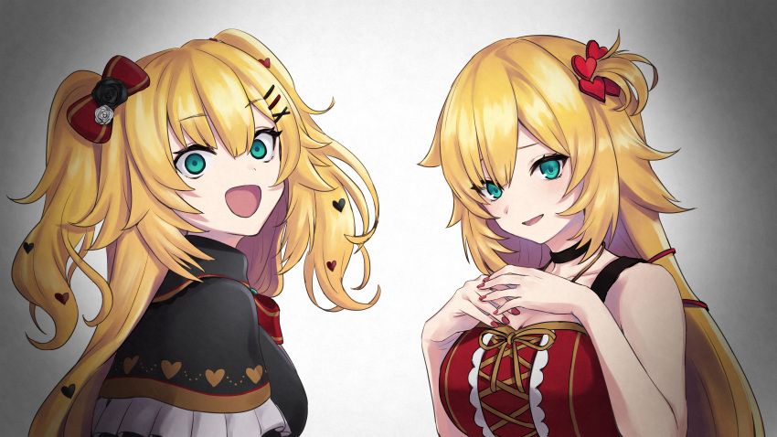 2girls :d absurdres akai_haato aqua_eyes arms_up bare_arms black_capelet black_choker blonde_hair bow breasts capelet choker crazy_eyes crazy_smile dress dual_persona english_commentary eyebrows_visible_through_hair from_side g9_(jiiku) gradient gradient_background grey_background hair_between_eyes hair_bow hair_ornament hairclip hands_on_own_chest head_tilt highres hololive huge_filesize long_hair looking_at_viewer medium_breasts multiple_girls nail_polish open_mouth own_hands_together parted_lips red_bow red_dress red_nails red_neckwear sleeveless sleeveless_dress smile two_side_up upper_body very_long_hair virtual_youtuber x_hair_ornament