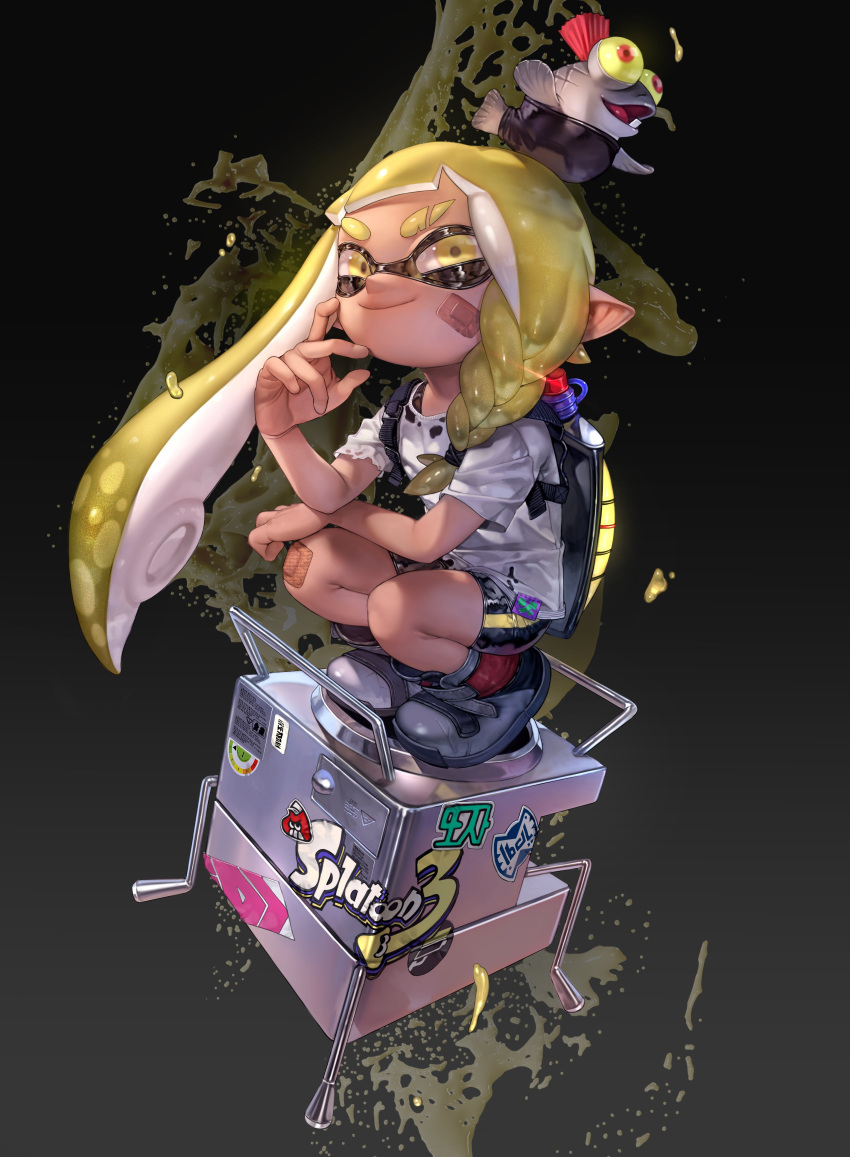 1girl absurdres asymmetrical_hair bandaid bandaid_on_face bandaid_on_knee blonde_hair braid bulging_eyes closed_mouth commentary_request copyright_name gradient gradient_background grey_footwear hand_up highres ink_tank_(splatoon) inkling korean_commentary logo looking_at_viewer paint pointy_ears salmonid shiny shiny_clothes shirt shorts single_braid smallfry_(splatoon) smile splatoon_(series) splatoon_3 squatting symbol_commentary t-shirt tentacle_hair torn_clothes torn_shirt tto_ja white_shirt yellow_eyes