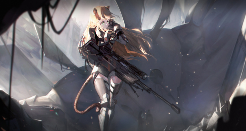 1girl absurdres alternate_costume animal_ears armor bangs boots floating_hair greaves green_eyes gun hand_in_hair highres holding holding_gun holding_weapon indie_virtual_youtuber jin_grey_paladin looking_to_the_side moofie_(vtuber) rifle running sniper_rifle solo tail thigh-highs thigh_boots tiger_ears tiger_tail virtual_youtuber weapon