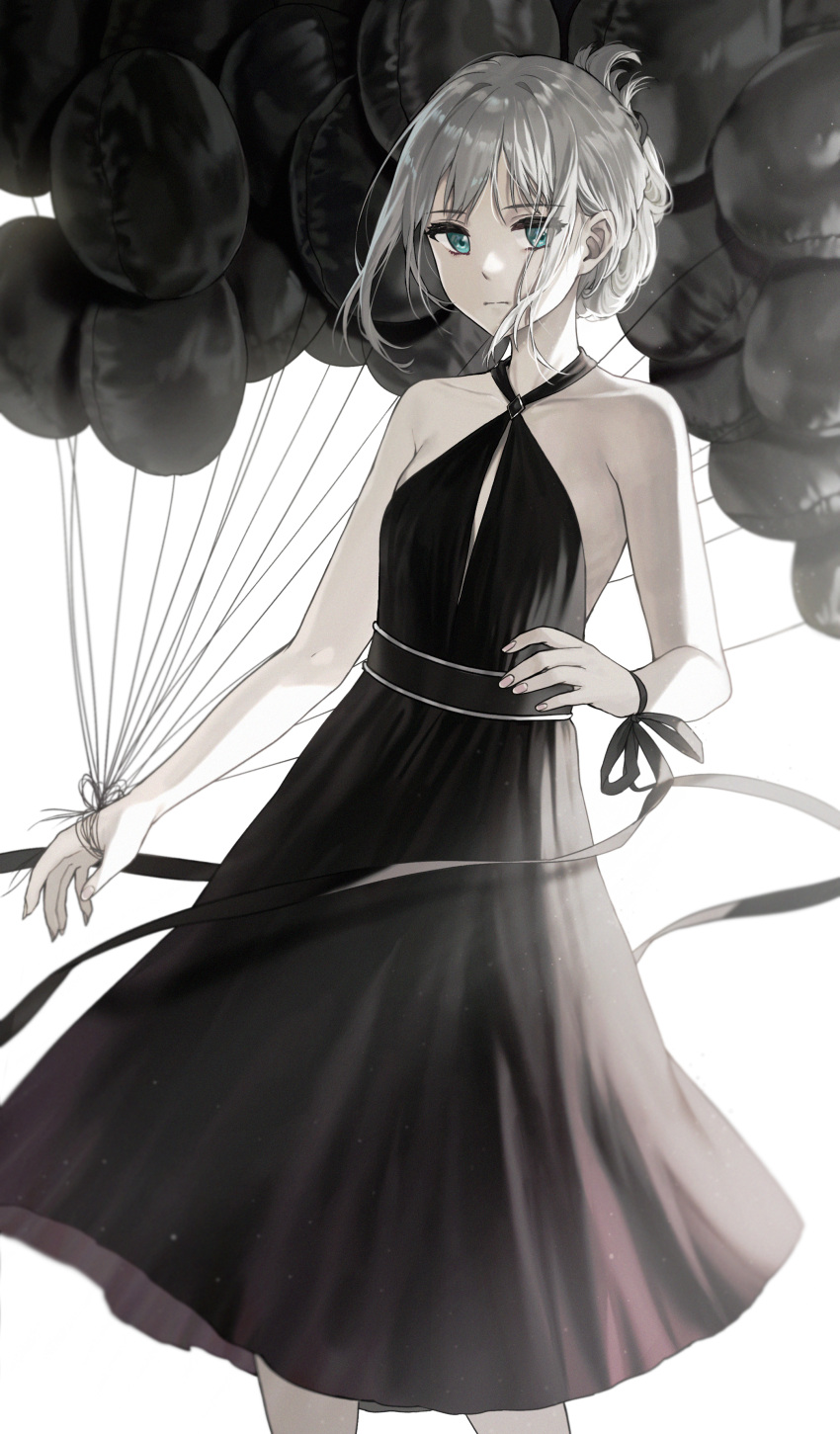 1girl absurdres an-94_(girls_frontline) aqua_eyes balloon bare_shoulders black_dress black_ribbon closed_mouth dress eyebrows_visible_through_hair fingernails girls_frontline grey_hair hair_ornament highres kir_(khw66136132) long_hair looking_at_viewer platinum_blonde_hair ribbon solo white_background