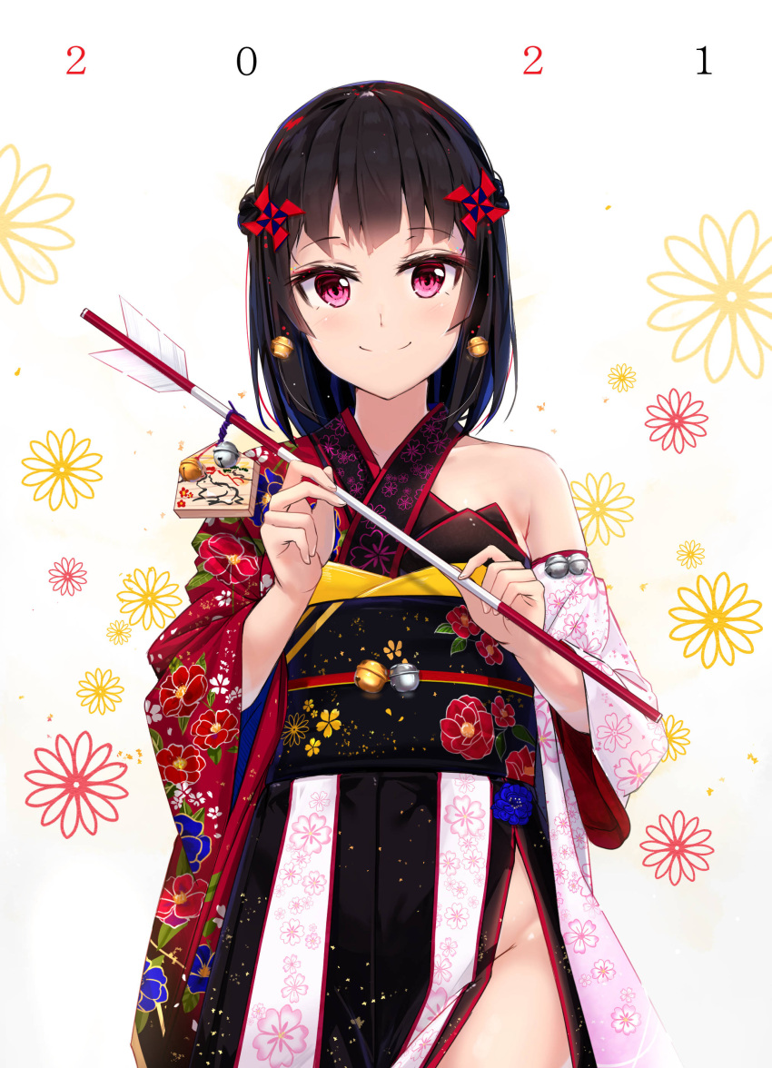 1girl 2021 absurdres arrow_(projectile) bangs bell bell_earrings black_hair blush breasts closed_mouth criss-cross_halter earrings eyebrows_visible_through_hair floral_print flower_(symbol) groin hair_ornament halterneck hamaya highres holding holding_arrow japanese_clothes jewelry jingle_bell kimono long_sleeves looking_at_viewer multicolored multicolored_clothes multicolored_kimono na_kyo obi off-shoulder_kimono original red_eyes sash short_hair small_breasts smile solo striped wide_sleeves