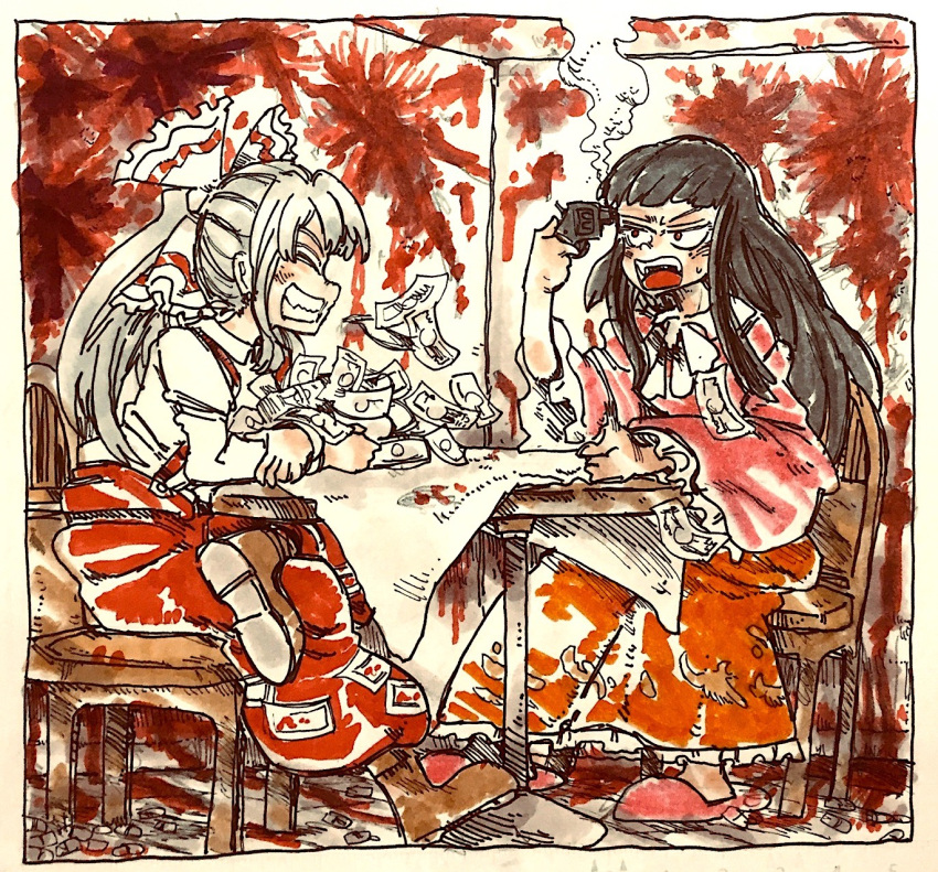 blood blood_on_wall chair crossed_legs fujiwara_no_mokou gun_to_head highres holding holding_money houraisan_kaguya md5_mismatch money morinokirin russian_roulette smoke_trail table touhou traditional_media