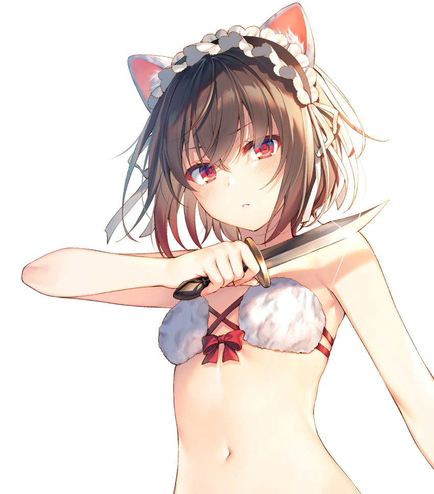 1girl animal_ear_fluff animal_ears arm_up bare_arms bare_shoulders blush bra breasts brown_hair cat_day cat_ears closed_mouth commentary_request dagger eyebrows_visible_through_hair eyes_visible_through_hair glint gradient_hair hair_between_eyes highres holding holding_dagger holding_weapon looking_at_viewer maid maid_headdress multicolored_hair navel red_eyes seiken_gakuin_no_maken_tsukai short_hair simple_background small_breasts solo stomach toosaka_asagi underwear underwear_only upper_body v-shaped_eyebrows weapon white_background white_bra
