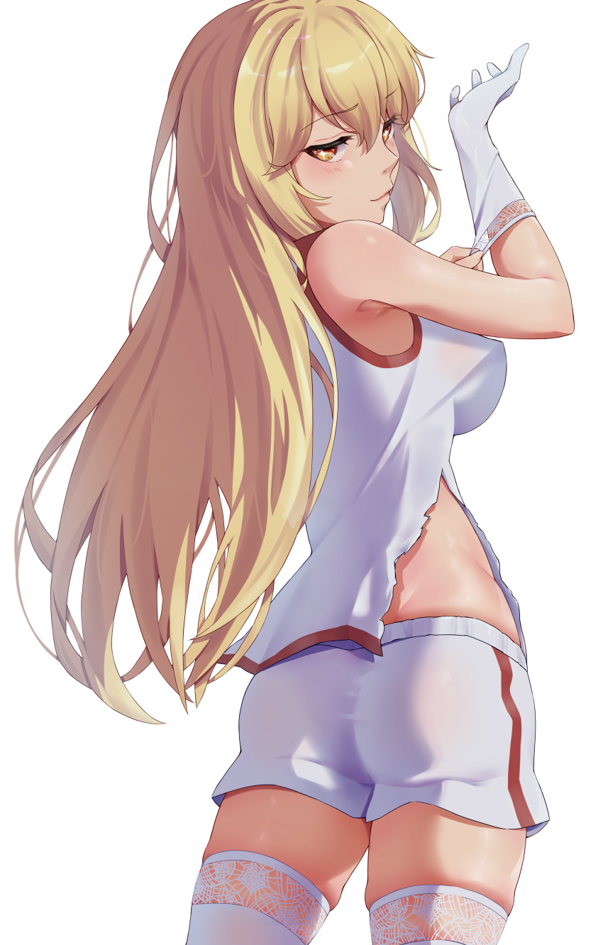 +_+ 1girl absurdres ass bangs bare_shoulders blonde_hair blush breasts closed_mouth commentary_request cowboy_shot eyebrows_visible_through_hair from_behind gloves highres long_hair looking_at_viewer looking_back medium_breasts orange_eyes shokuhou_misaki shorts simple_background single_glove skindentation sleeveless smug solo sportswear thigh-highs toaru_majutsu_no_index torn_clothes very_long_hair volleyball_uniform white_background white_gloves white_legwear white_shorts yukiaka