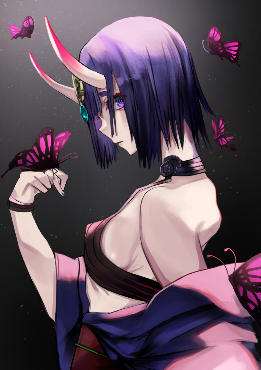 1girl absurdres breasts bug butterfly fate/grand_order fate_(series) highres horns insect japanese_clothes obi off_shoulder oni oni_horns purple_hair san_(harutuki_3) sash short_eyebrows short_hair shuten_douji_(fate) small_breasts solo violet_eyes