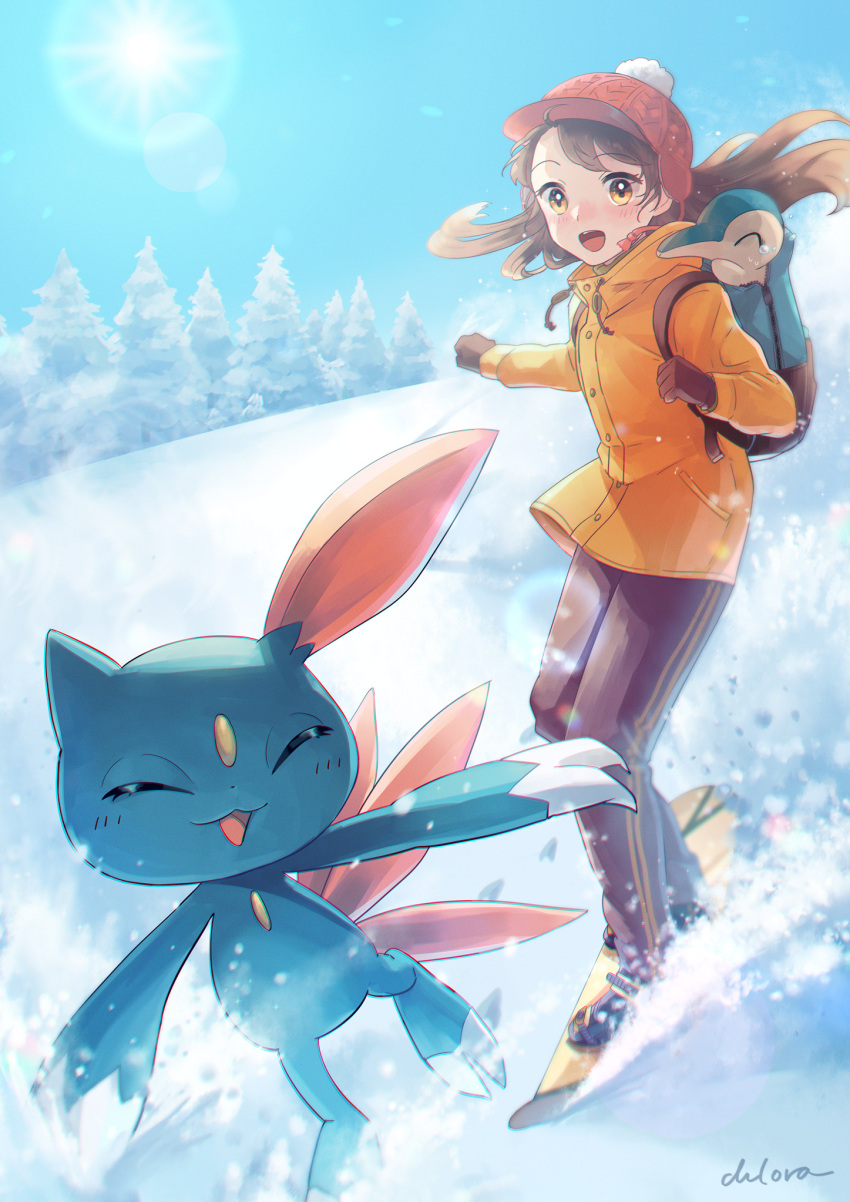 1girl backpack bag blush brown_hair brown_pants buttons chlora_imasayo coat commentary_request cyndaquil day floating_hair gen_2_pokemon highres lens_flare open_mouth orange_coat outdoors pants pokemon pokemon_(creature) shoes sky smile sneasel snow snowboard snowboarding standing sun teeth tongue tree yellow_eyes