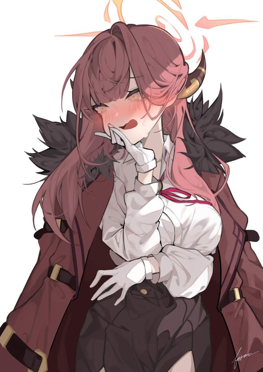1girl @_@ absurdres aru_(blue_archive) bangs black_skirt blue_archive blush breasts coat coat_on_shoulders fataaa fur_collar gloves halo hand_on_own_face highres horns large_breasts long_hair long_sleeves looking_at_viewer neck_ribbon open_mouth pink_hair red_coat red_neckwear ribbon shirt signature simple_background skirt solo sweat tears white_background white_gloves white_shirt yellow_eyes