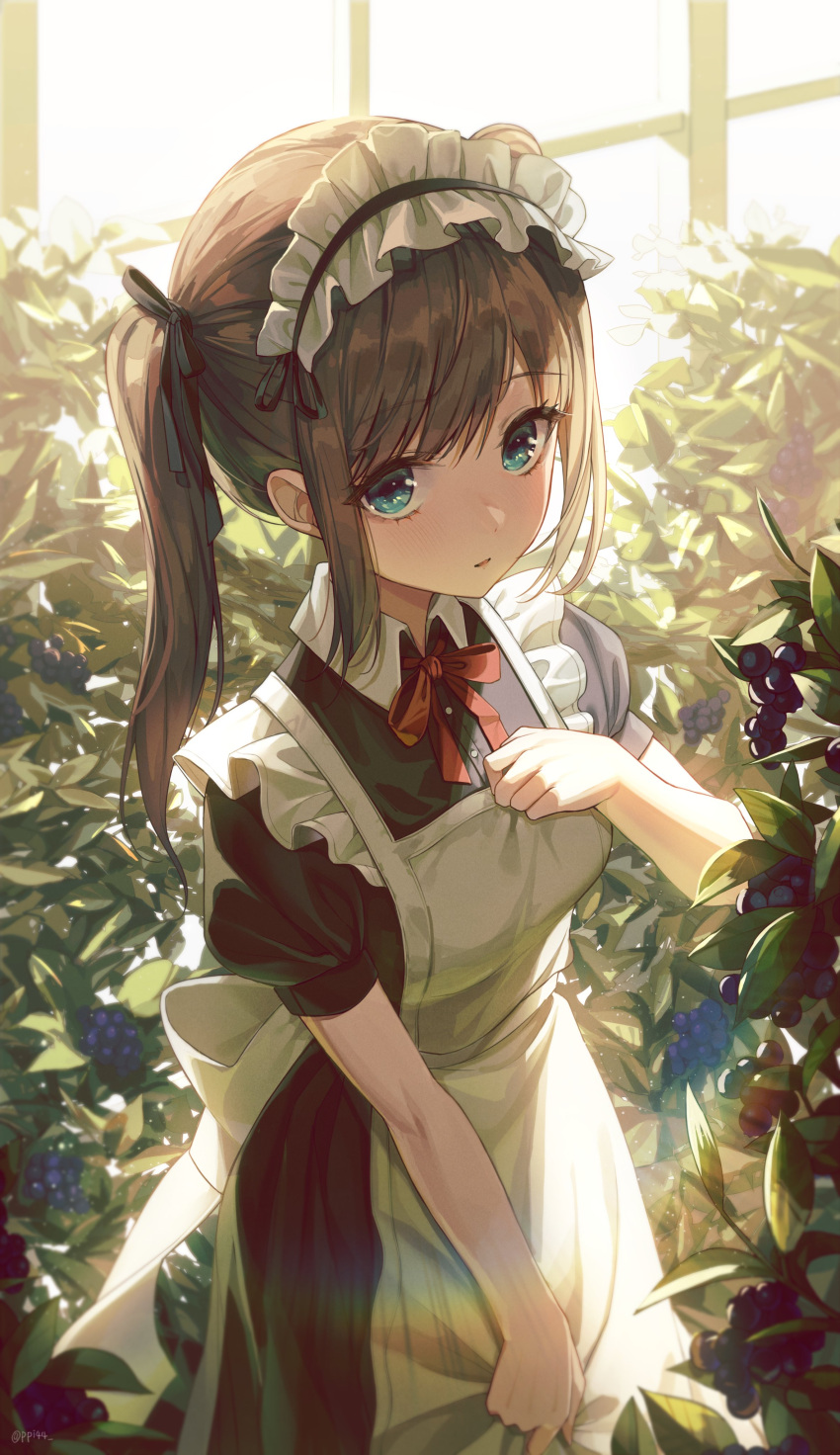 1girl absurdres apron bangs black_ribbon blush brown_hair eyebrows_visible_through_hair food fruit grapes green_eyes hair_ribbon hand_on_own_chest highres long_hair looking_at_viewer maid maid_apron maid_headdress original parted_lips plant ppi44 red_ribbon ribbon short_sleeves standing twintails