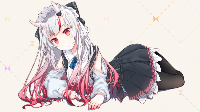 1girl bare_shoulders black_legwear clothing_cutout commentary_request gradient_hair highres hololive horns long_hair long_sleeves looking_at_viewer lying mo_(pixiv9929995) multicolored_hair nail_polish nakiri_ayame pantyhose parted_lips pleated_skirt red_eyes red_nails redhead shoulder_cutout skirt solo streaked_hair virtual_youtuber white_hair