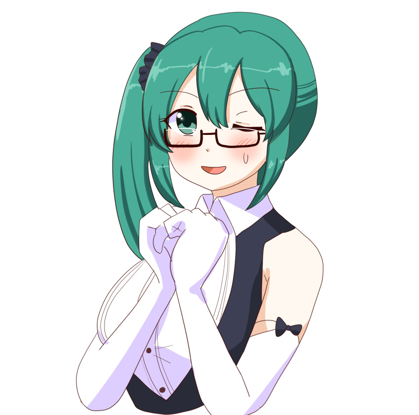 .live 1girl absurdres bangs bare_shoulders black-framed_eyewear black_vest blush breasts buttons collared_shirt cropped_torso dress_shirt elbow_gloves eyebrows_visible_through_hair glasses gloves green_eyes green_hair hair_between_eyes hands_together highres kagura_suzu_(.live) large_breasts long_hair looking_at_viewer one_eye_closed open_mouth ribbon-trimmed_gloves ribbon_trim semi-rimless_eyewear shiny shiny_hair shirt side_ponytail sleeveless sleeveless_shirt smile solo transparent_background under-rim_eyewear upper_body vest virtual_youtuber white_gloves white_shirt zi-gaden