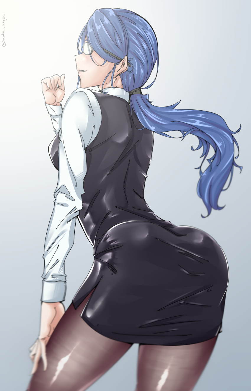 1girl absurdres ass blue_hair from_side girls_frontline glasses grey_background hair_tie highres k11_(girls_frontline) long_hair nym office_lady pantyhose ponytail skirt smile solo