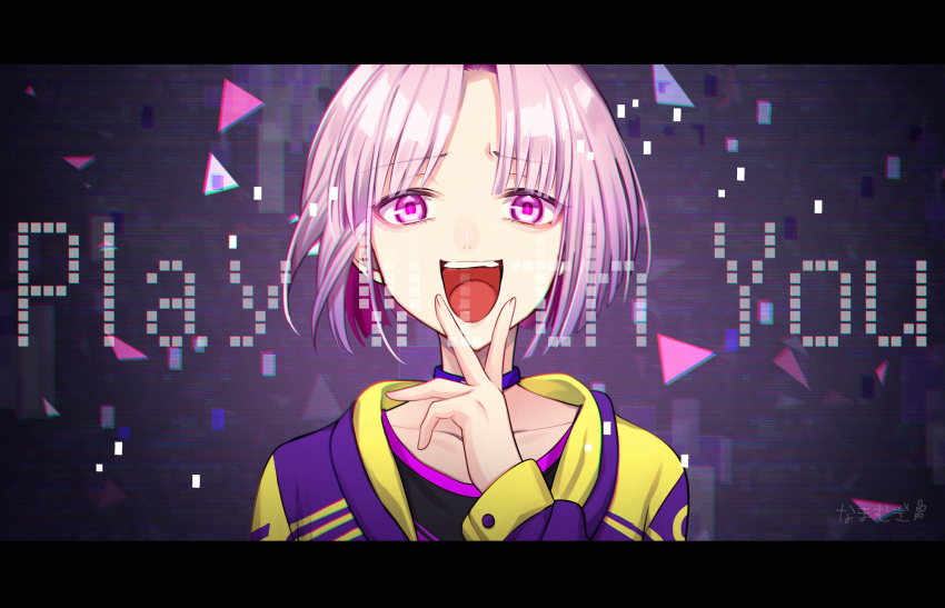 1boy :d argonavis_from_bang_dream! bangs black_shirt character_request choker collarbone english_text eyebrows_visible_through_hair highres jacket letterboxed long_sleeves looking_at_viewer male_focus mugi_(iccomae) open_mouth parted_bangs pink_hair purple_choker purple_jacket shirt sleeves_past_wrists smile solo upper_body upper_teeth violet_eyes