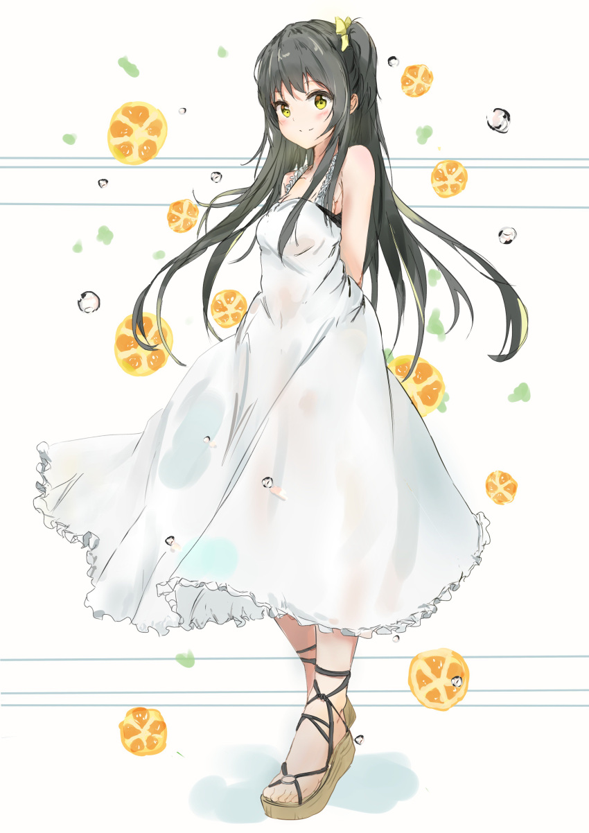 1girl absurdres arms_behind_back bangs bare_shoulders black_hair blush bow breasts closed_mouth dress eyebrows_visible_through_hair flower food fruit full_body hair_bow hair_ornament highres long_hair looking_at_viewer mandarin_orange na_kyo original sandals see-through_silhouette sleeveless sleeveless_dress small_breasts smile solo standing striped striped_background sundress very_long_hair water_drop white_dress yellow_bow yellow_eyes yellow_flower