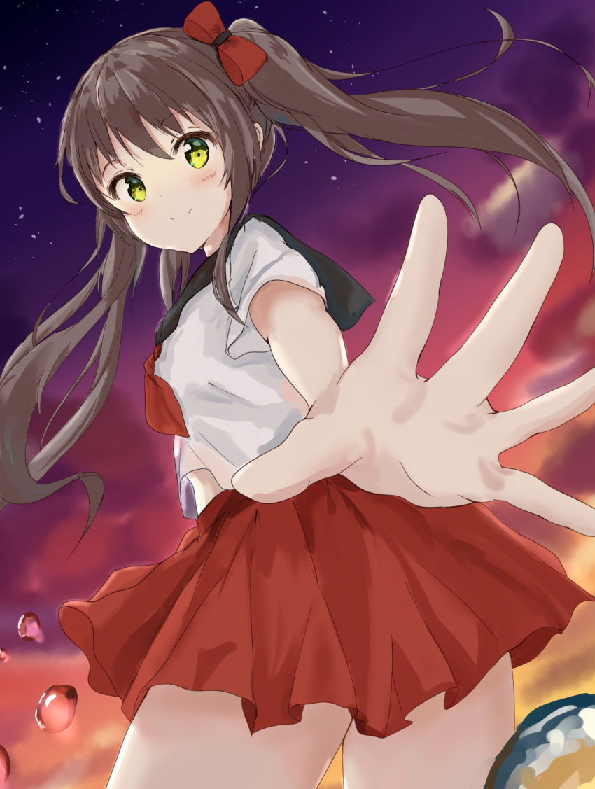 1girl absurdres bangs blush bow breasts brown_hair closed_mouth clouds eyebrows_visible_through_hair green_eyes hair_bow hair_ornament highres long_hair looking_at_viewer looking_back na_kyo night night_sky original outdoors outstretched_arm outstretched_hand pleated_skirt reaching_out red_bow red_skirt school_uniform serafuku short_sleeves skirt sky small_breasts solo star_(sky) starry_sky twilight twintails water_drop