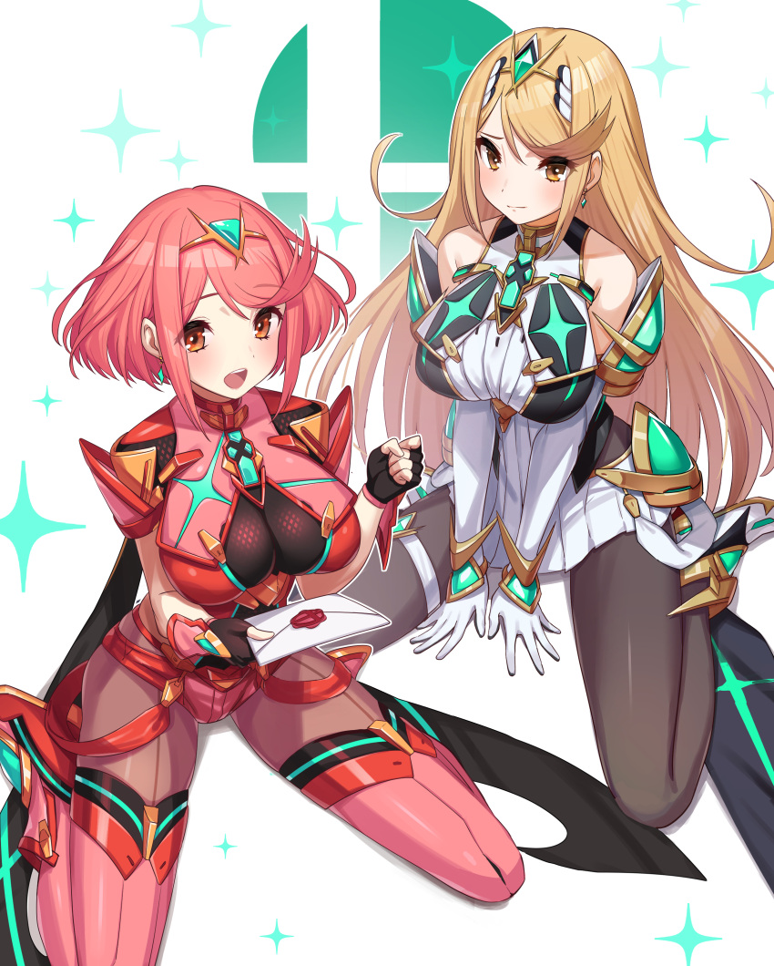 2girls absurdres bangs black_gloves black_legwear blonde_hair blush breasts chest_jewel dress earrings elbow_gloves fingerless_gloves gem gloves green322 headpiece highres jewelry large_breasts long_hair looking_at_viewer multiple_girls mythra_(xenoblade) open_mouth pantyhose pyra_(xenoblade) red_eyes red_legwear red_shorts redhead short_hair short_shorts shorts smash_invitation super_smash_bros. swept_bangs thigh-highs thigh_strap tiara very_long_hair white_dress white_gloves xenoblade_chronicles_(series) xenoblade_chronicles_2 yellow_eyes