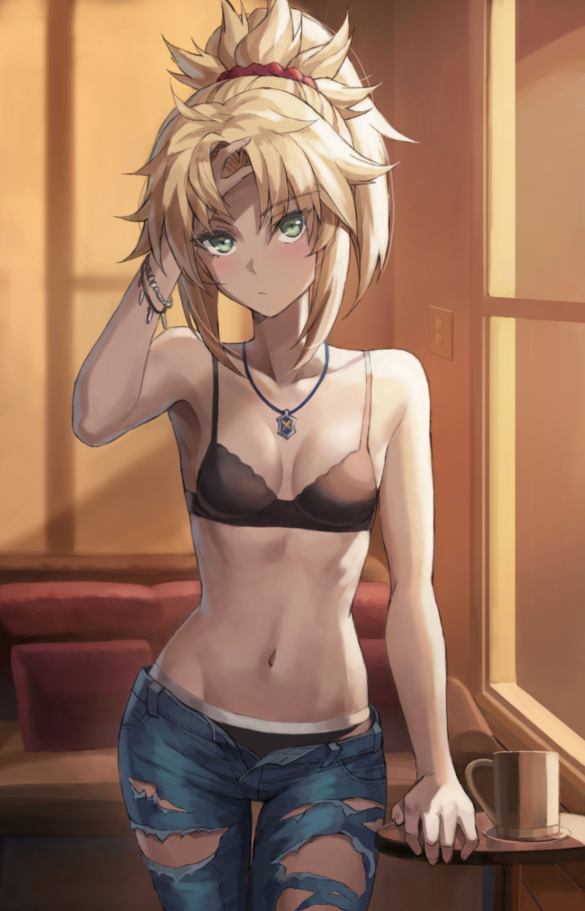 1girl absurdres bangs bare_shoulders bead_bracelet beads black_bra black_panties blonde_eyebrows blonde_hair blue_pants bra bracelet breasts breasts_apart closed_mouth collarbone commentary_request denim fate/apocrypha fate_(series) green_eyes hair_ornament hair_scrunchie highres jeans jewelry long_hair looking_at_viewer mordred_(fate) mordred_(fate)_(all) navel necklace open_fly panties pants parted_bangs pendant ponytail red_scrunchie scrunchie sidelocks small_breasts solo tonee torn_clothes torn_pants underwear