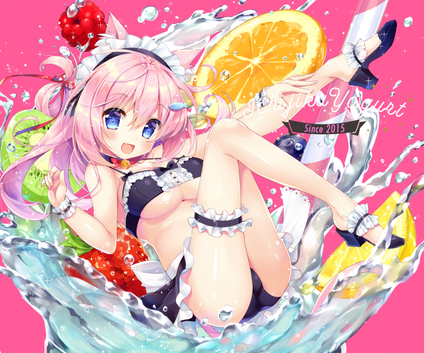 1girl :d animal_ears ass bare_arms bare_legs bare_shoulders bell bikini black_bikini black_choker black_footwear black_skirt blue_eyes breasts cat_ears cat_girl cat_tail choker drinking_straw fang floating_hair food frilled_bikini frills fruit hand_up high_heels highres jingle_bell large_breasts leg_garter legs_up lemon lemon_slice long_hair looking_at_viewer maid maid_bikini maid_headdress midriff miniskirt natsuki_marina no_socks open_mouth original outstretched_arm pink_background pink_hair plantar_flexion raspberry skirt smile solo spaghetti_strap strawberry swimsuit tail thighs two_side_up under_boob water wrist_cuffs