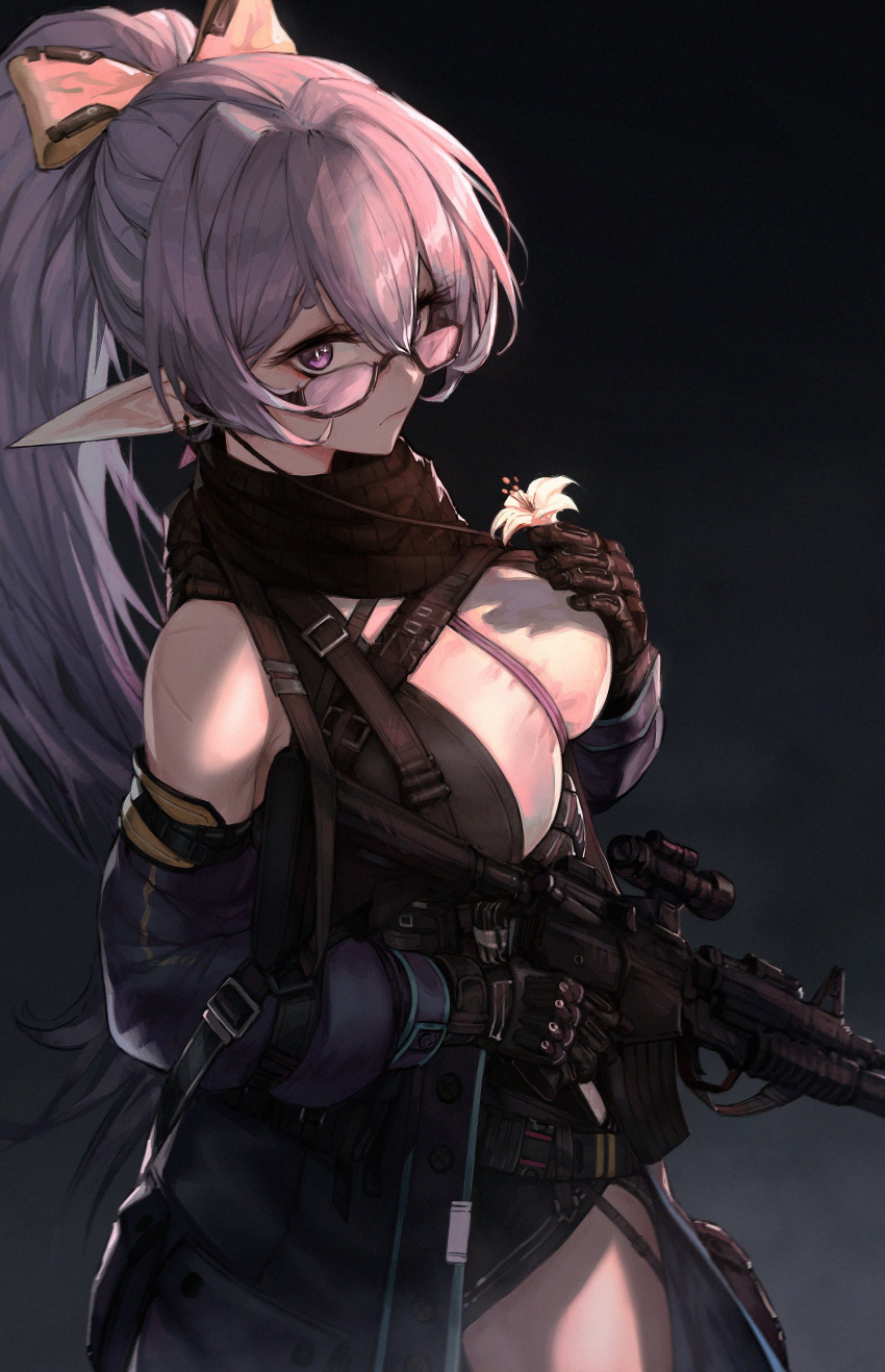 1girl absurdres arknights assault_rifle bangs black_background black_scarf blue_jacket bow breasts elf english_commentary eyebrows_behind_hair flower from_above gun hair_bow highres holding holding_flower holding_gun holding_weapon indie_virtual_youtuber jacket jin_grey_paladin large_breasts long_pointy_ears looking_up off_shoulder orange_bow parody pointy_ears ponytail purple_hair rae_laviere rifle scarf scope solo style_parody violet_eyes virtual_youtuber weapon white_flower