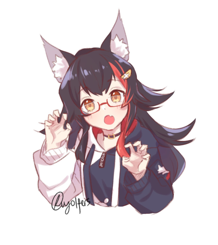 1girl :o animal_ear_fluff animal_ears black_hair claw_pose fang glasses hair_ornament hairclip highlights highres hololive hood hoodie long_hair looking_at_viewer multicolored_hair ookami_mio orange_eyes redhead semi-rimless_eyewear signature simple_background skin_fang solo streaked_hair under-rim_eyewear upper_body virtual_youtuber vyolfers white_background wolf_ears