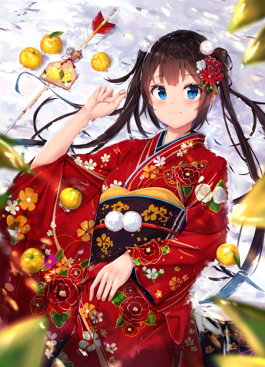 1girl arrow_(projectile) bangs black_sash blue_eyes blurry blurry_foreground blush breasts brown_hair closed_mouth colored_tips depth_of_field eyebrows_visible_through_hair floral_print flower food fruit hair_flower hair_ornament highres japanese_clothes kimono long_hair long_sleeves looking_at_viewer lying mandarin_orange na_kyo obi on_back original print_kimono red_flower red_kimono sash small_breasts smile snow solo twintails white_flower wide_sleeves