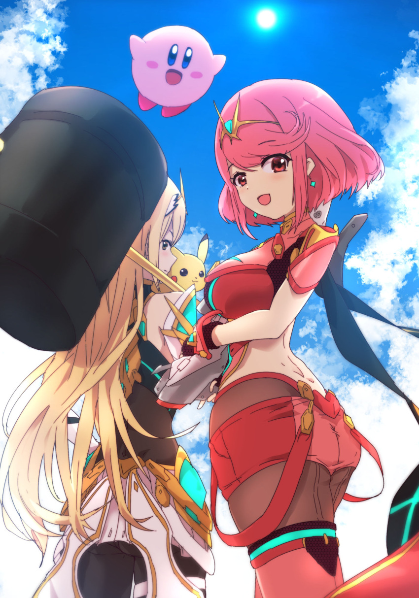 2girls ass bangs black_gloves black_legwear blonde_hair breasts chest_jewel earrings fingerless_gloves gem gen_1_pokemon gloves hammer headpiece highres hug jewelry kirby kirby_(series) large_breasts long_hair looking_at_viewer multiple_girls mythra_(xenoblade) nke_toumi pantyhose pikachu pokemon pokemon_(creature) pyra_(xenoblade) red_eyes red_legwear red_shorts redhead short_hair short_shorts shorts sky super_smash_bros. swept_bangs tavnbut thigh-highs tiara very_long_hair xenoblade_chronicles_(series) xenoblade_chronicles_2 yellow_eyes