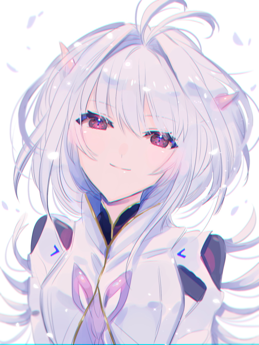 1girl ahoge bangs eyebrows_visible_through_hair fate/grand_order fate_(series) hair_between_eyes hair_intakes high_collar highres kurubusikoujoutyou looking_at_viewer merlin_(fate/prototype) petals pointy_ears red_eyes robe smile solo upper_body white_background white_hair white_robe
