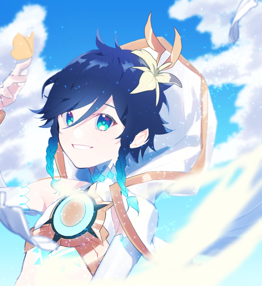 1boy alternate_costume androgynous bangs black_hair blue_eyes blue_hair braid bug butterfly butterfly_on_hand capelet chest_tattoo clouds cloudy_sky commentary_request crop_top day elbow_gloves feathers flower genshin_impact gloves gradient_hair hair_flower hair_ornament highres hood hood_up hooded_capelet insect korean_commentary light_particles looking_at_viewer male_focus malja multicolored_hair open_mouth outdoors short_hair_with_long_locks sky sleeveless smile solo tattoo twin_braids venti_(genshin_impact) white_flower