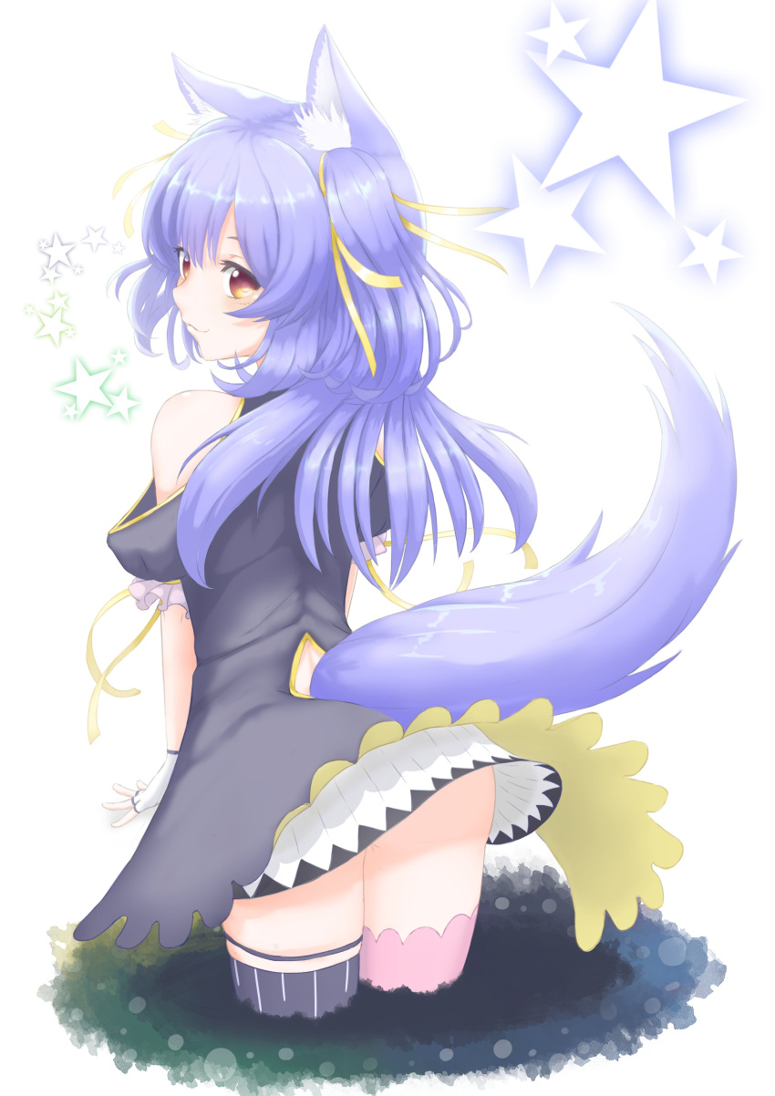 .live 1girl absurdres animal_ears commentary_request fingerless_gloves gloves hair_ornament highres kin0_0z long_hair looking_at_viewer looking_back orange_eyes purple_hair rurun_rururica simple_background star_(symbol) tail thigh-highs virtual_youtuber white_background wolf_ears wolf_tail