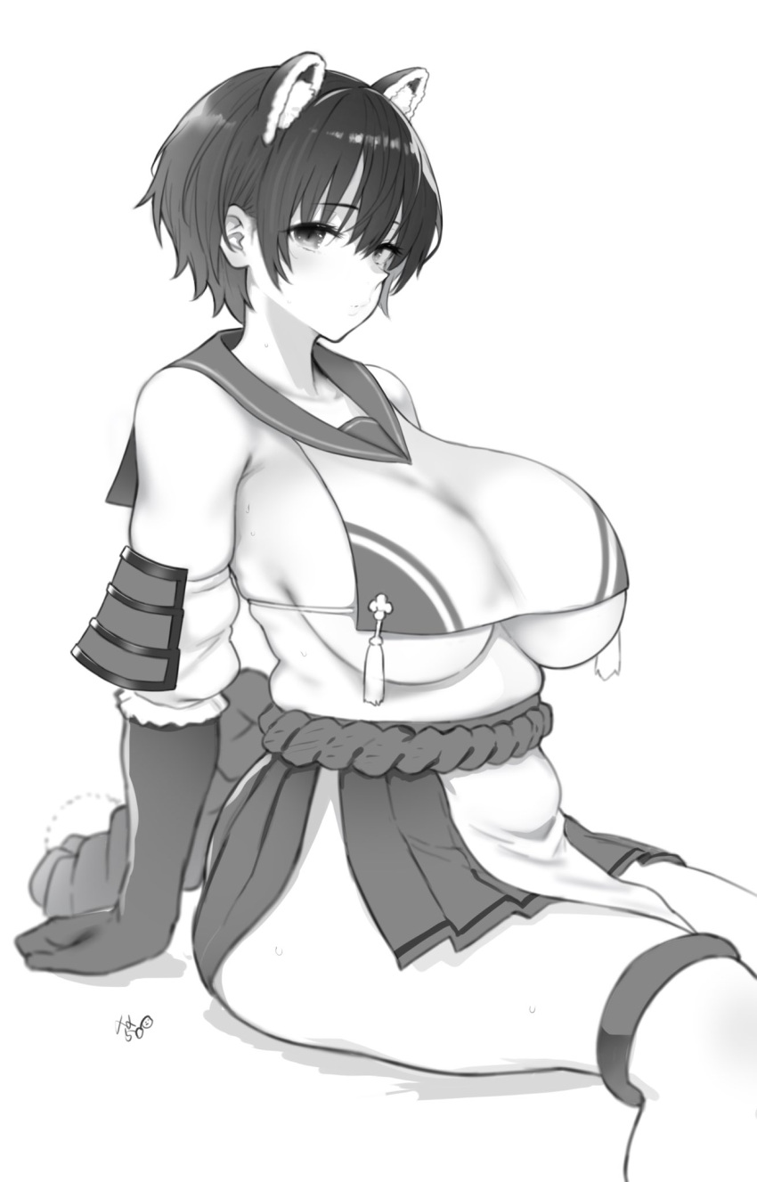 1girl animal_ears arm_guards bikini black_hair breasts elbow_gloves gloves greyscale highres large_breasts meme50 monochrome revealing_clothes sailor_collar short_hair side_slit sideboob sideless_outfit skirt swimsuit thigh-highs tsubaki_(blue_archive) untied untied_bikini