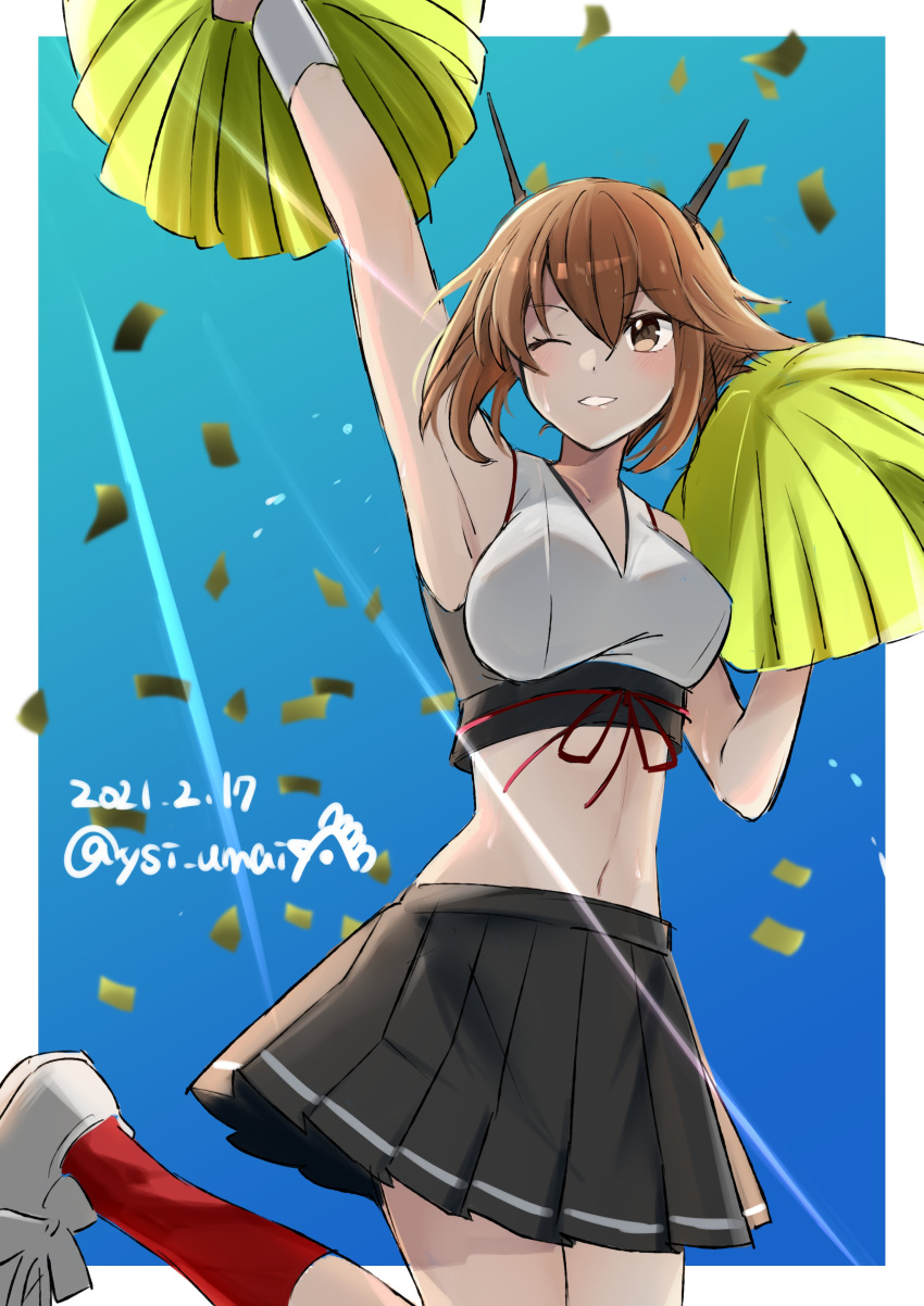 1girl ;) absurdres adapted_costume arm_up black_skirt breasts brown_eyes brown_hair cheerleader dated headgear highres kantai_collection large_breasts leg_up midriff mutsu_(kancolle) navel one_eye_closed pleated_skirt pom_pom_(clothes) remodel_(kantai_collection) short_hair skirt smile solo toriniku_senshi_chikinman twitter_username
